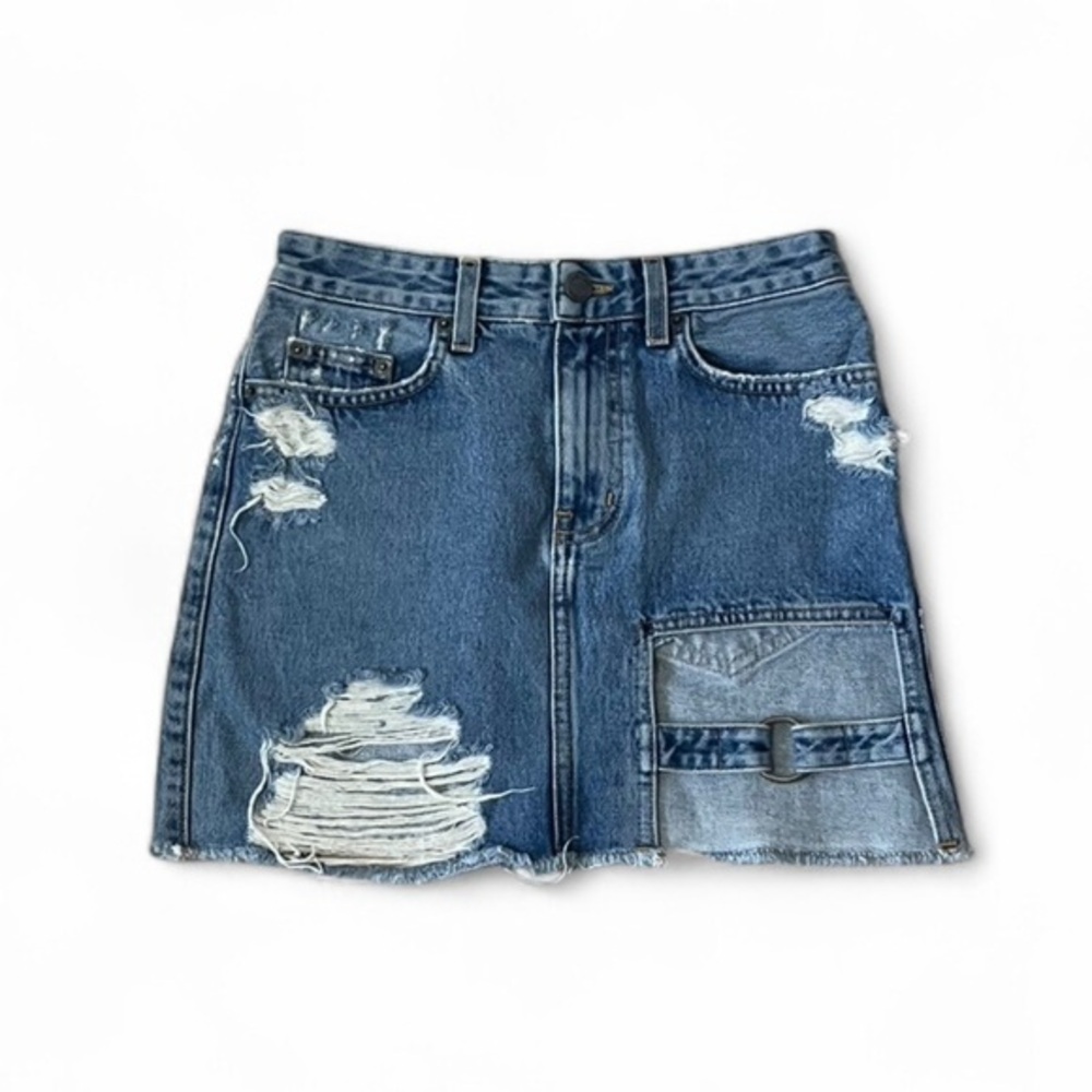 Carmar Los Angeles blue denim buckle cutout mini skirt, size 25. Distressed.